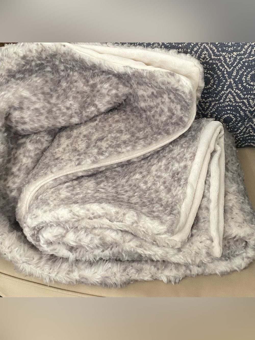 West Elm Faux Fur Plush Chinchilla/Snow Leopard Throw 60"x47” Slate/Off White